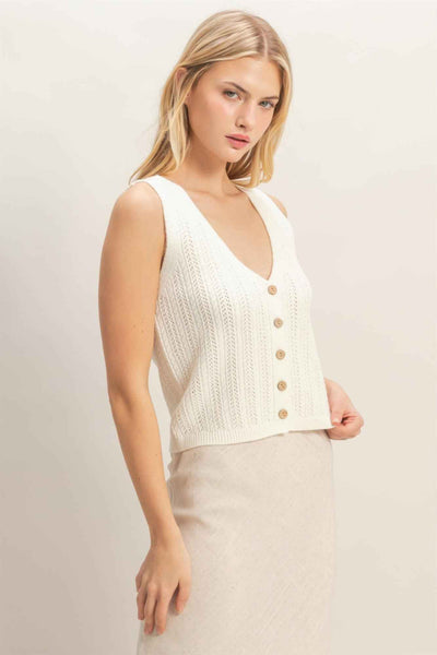 V-neck Knit Tank Top - Ribbed Button-up