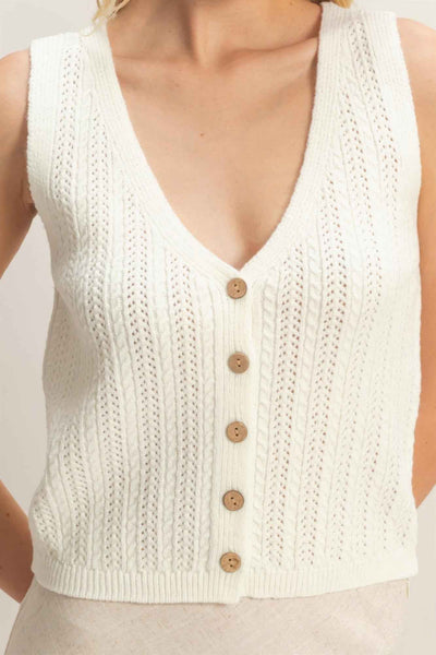 V-neck Knit Tank Top - Ribbed Button-up