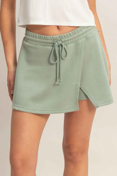 Wrap Front Elastic Waist Skort - Overlapping Wrap Front