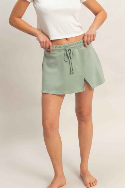 Wrap Front Elastic Waist Skort - Overlapping Wrap Front