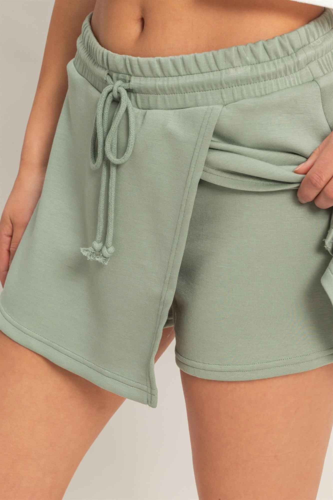 Wrap Front Elastic Waist Skort - Overlapping Wrap Front