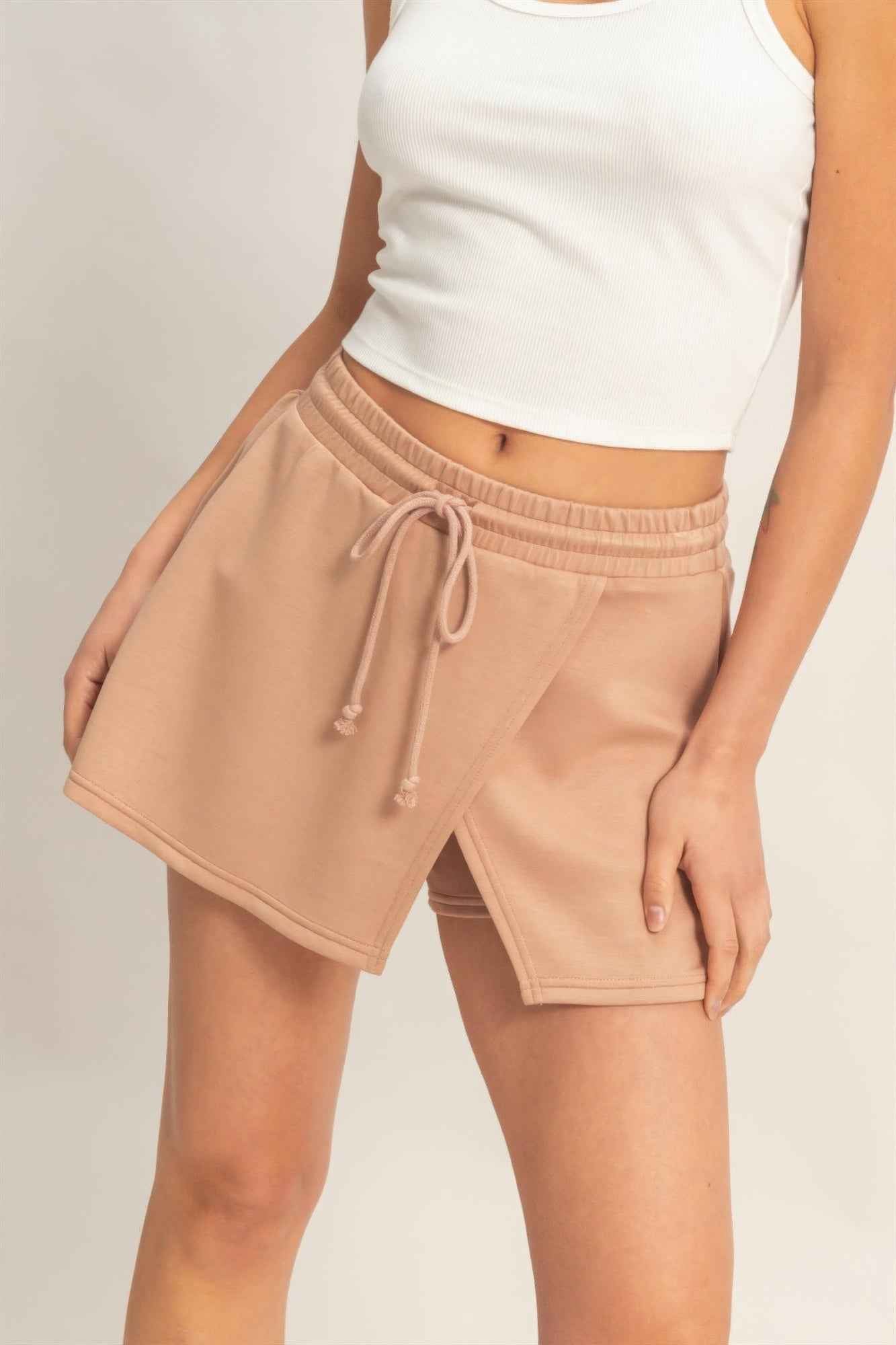 Wrap Front Elastic Waist Skort - Overlapping Wrap Front