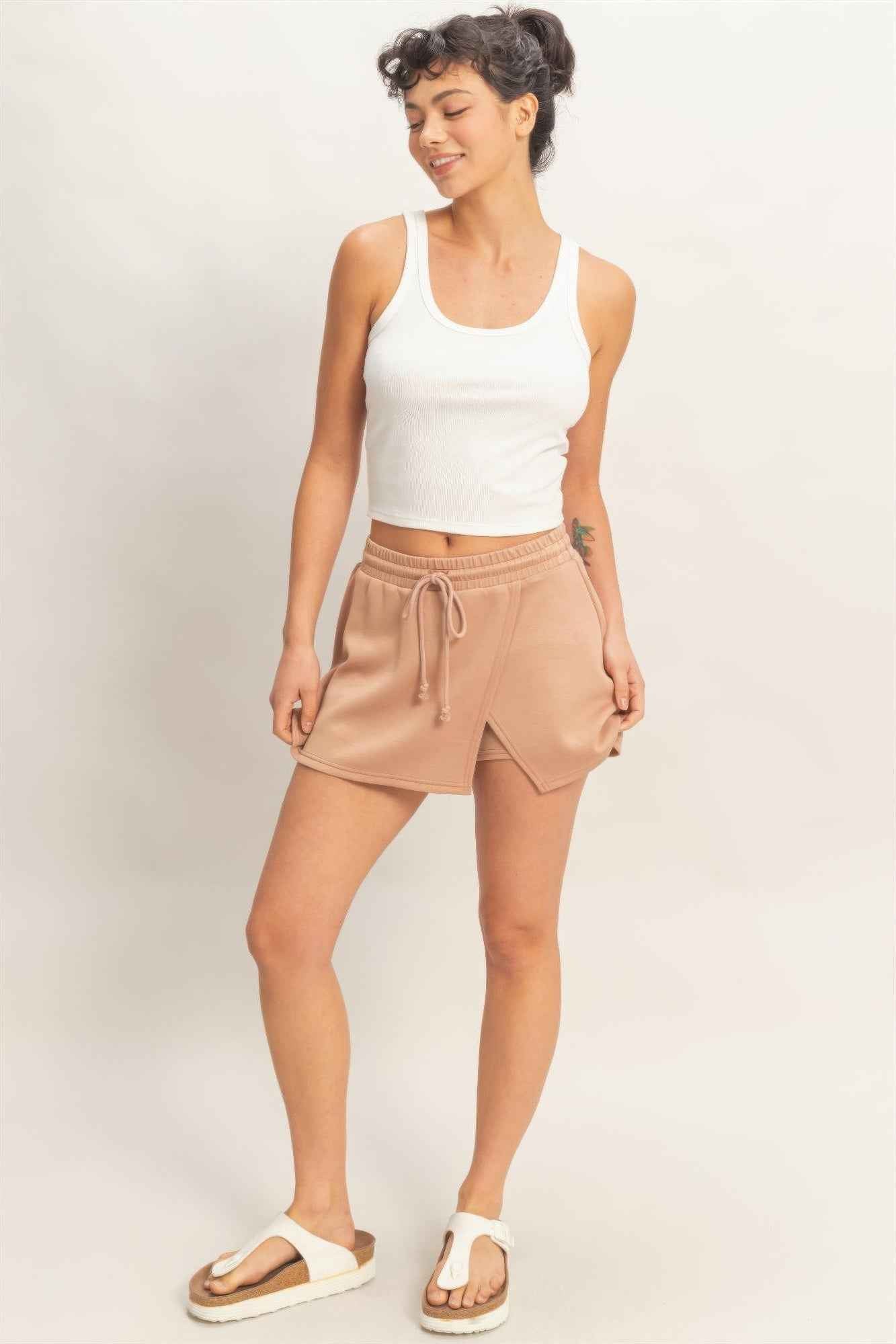 Wrap Front Elastic Waist Skort - Overlapping Wrap Front