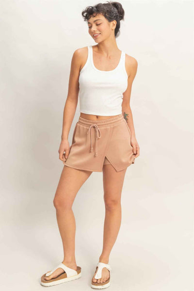 Wrap Front Elastic Waist Skort - Overlapping Wrap Front