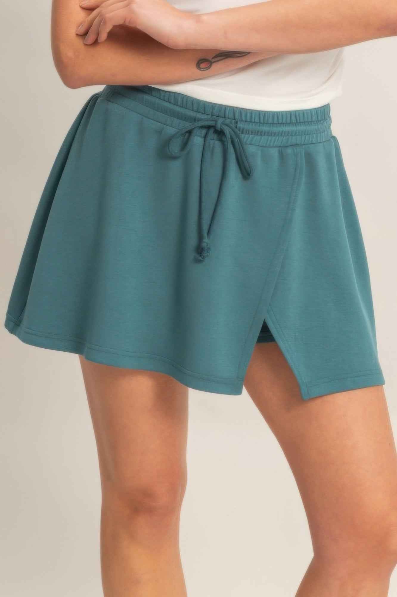 Wrap Front Elastic Waist Skort - Overlapping Wrap Front