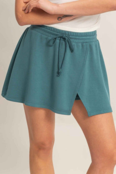 Wrap Front Elastic Waist Skort - Overlapping Wrap Front