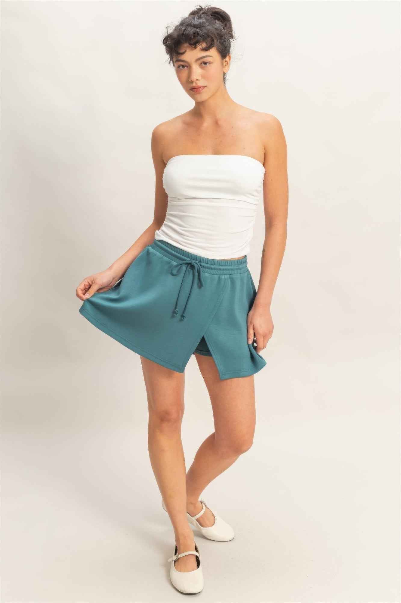 Wrap Front Elastic Waist Skort - Overlapping Wrap Front