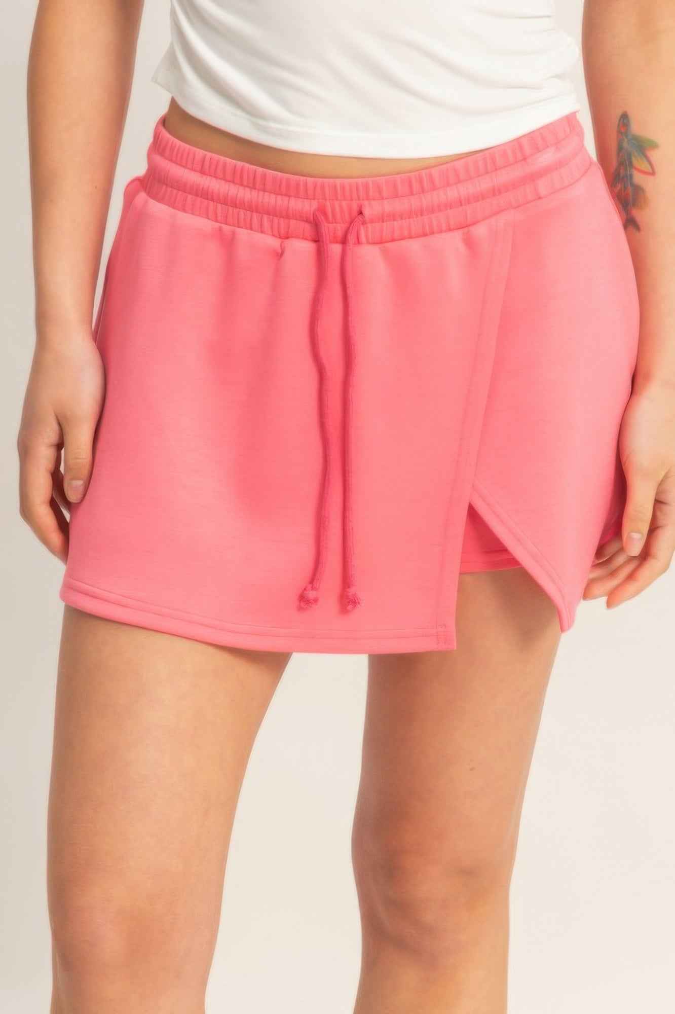Wrap Front Elastic Waist Skort - Overlapping Wrap Front