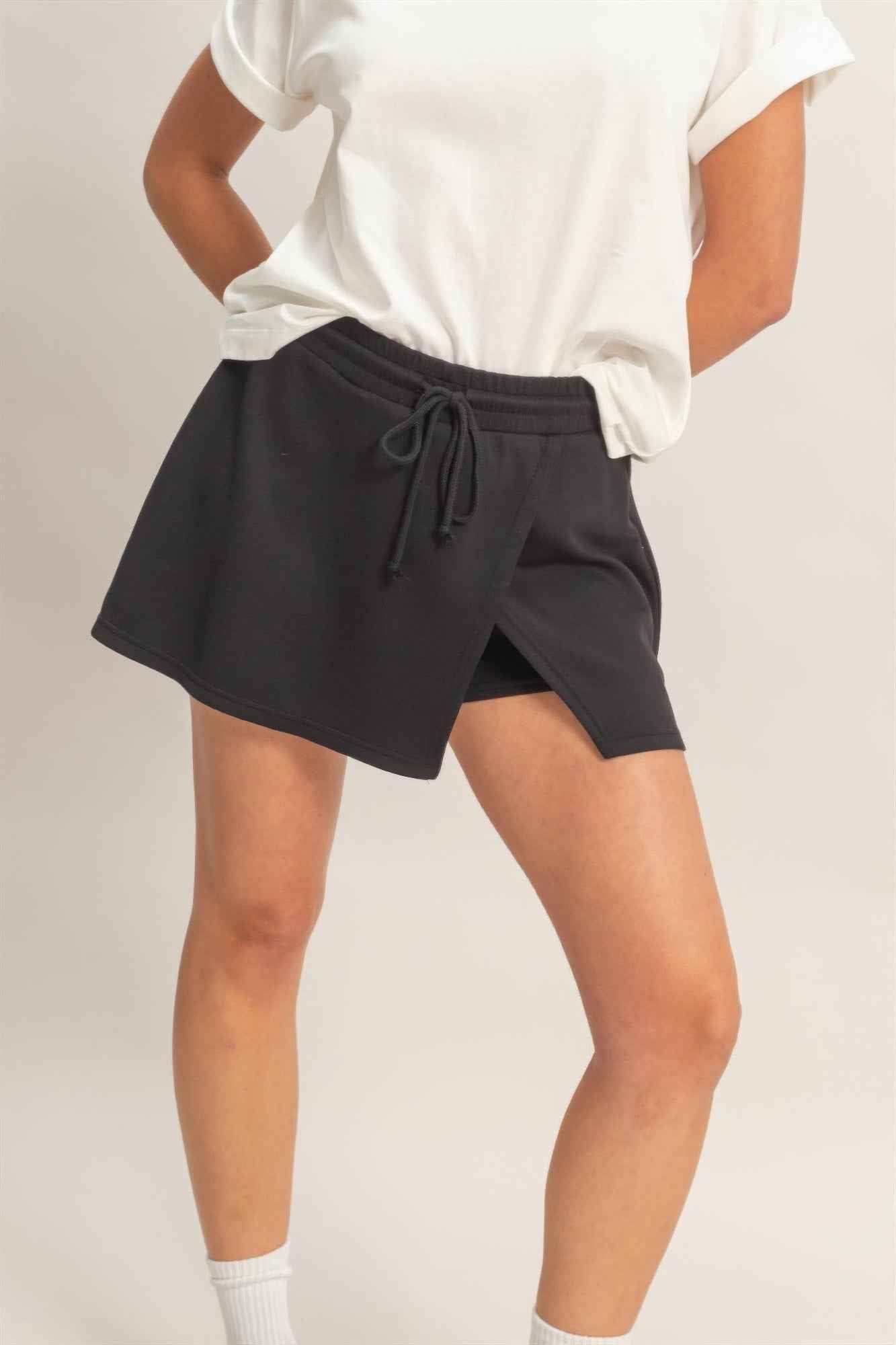 Wrap Front Elastic Waist Skort - Overlapping Wrap Front
