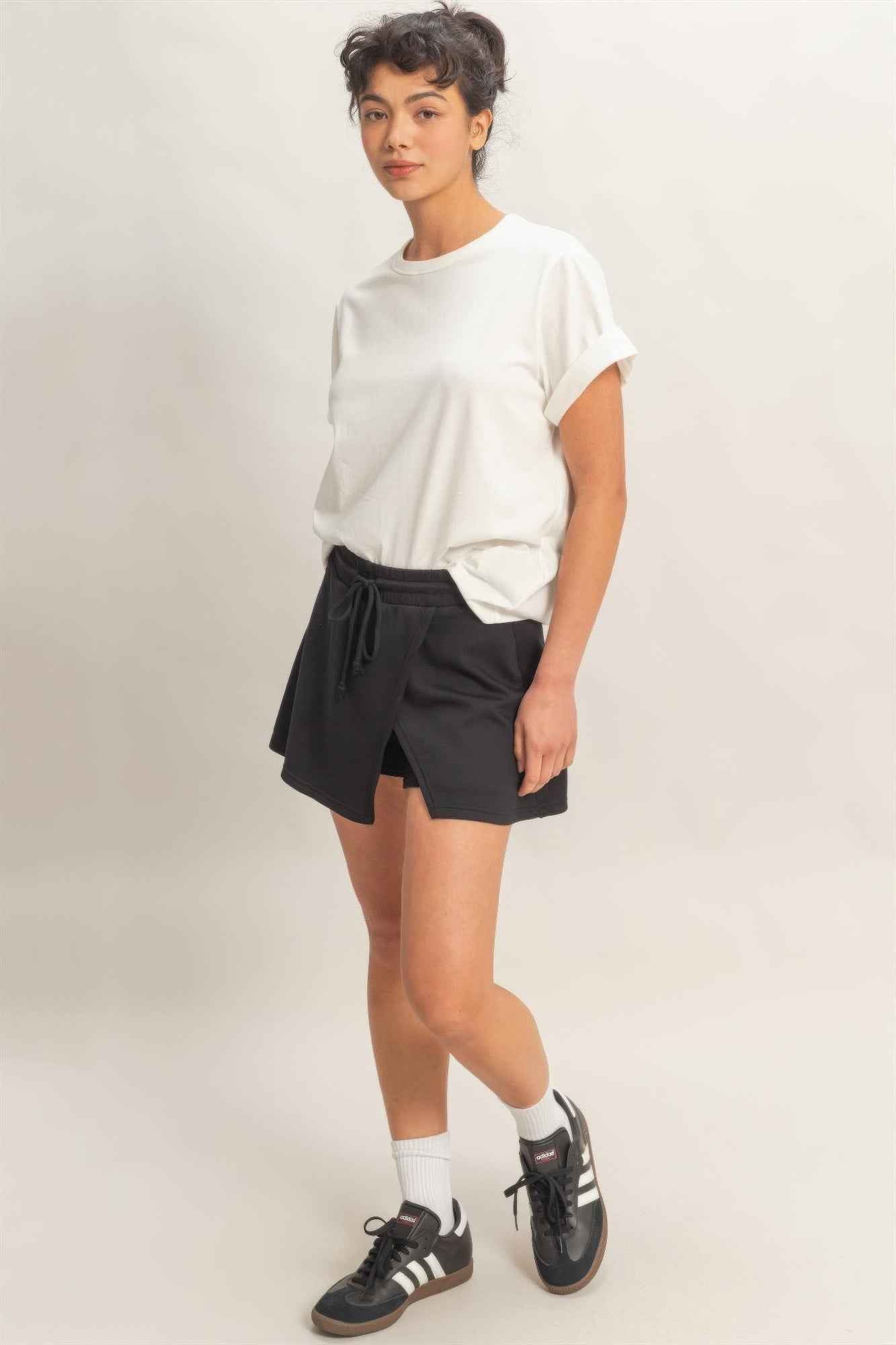 Wrap Front Elastic Waist Skort - Overlapping Wrap Front