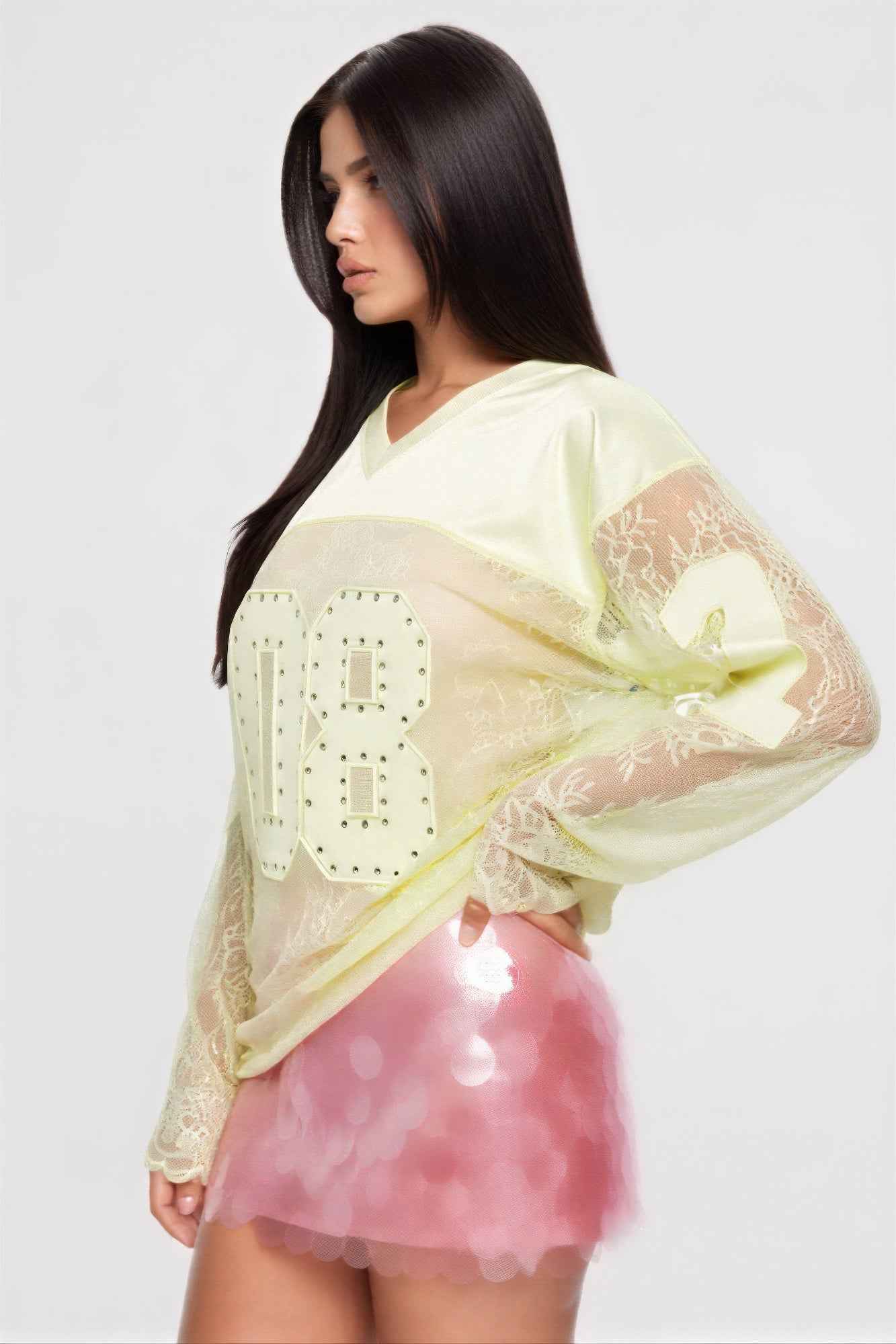 Long Sleeve 08 Jersey Top - Rhinestone Embellishments