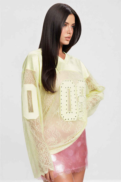 Long Sleeve 08 Jersey Top - Rhinestone Embellishments