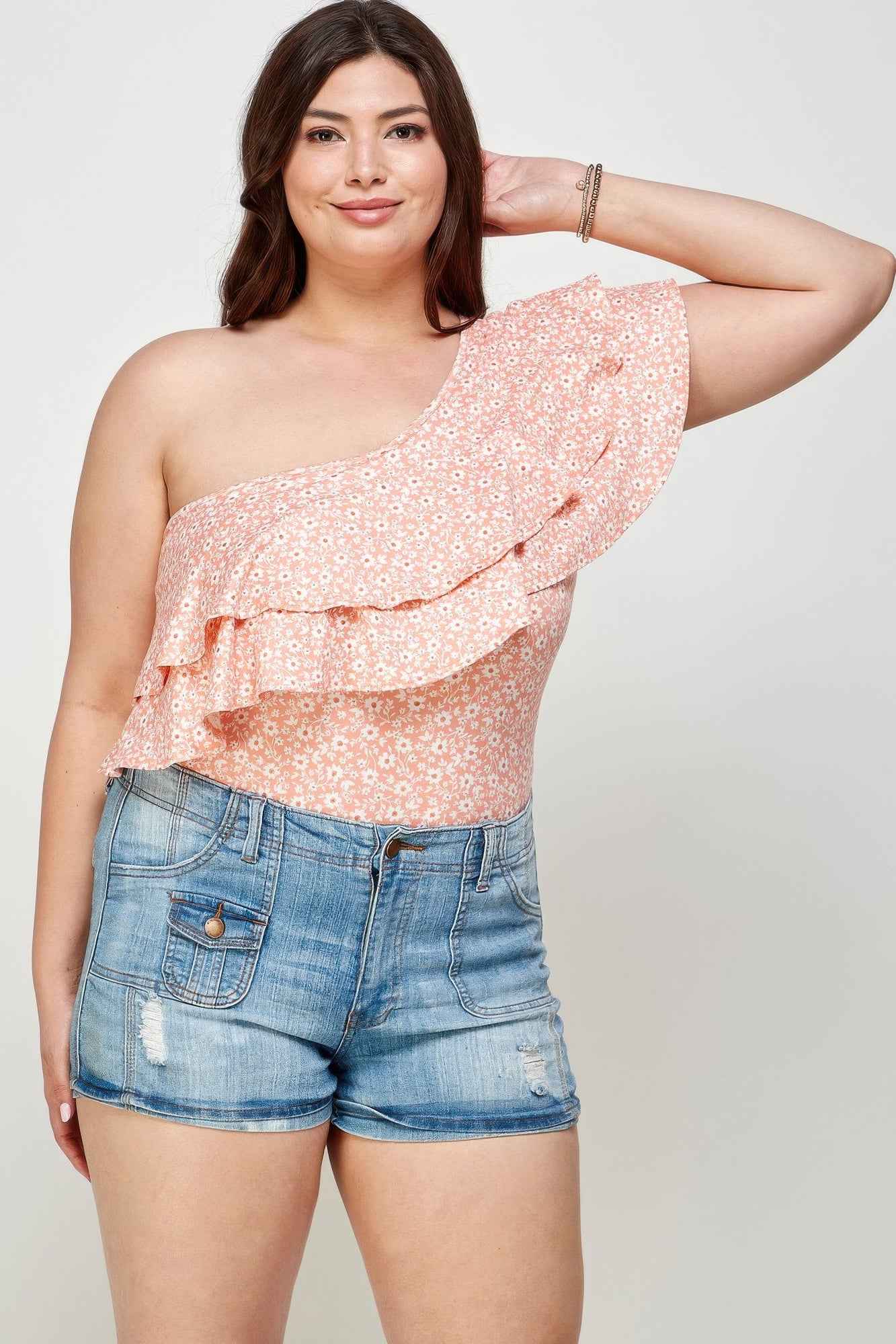 Ditsy Floral One Shoulder Bodysuit - Plus Size Top