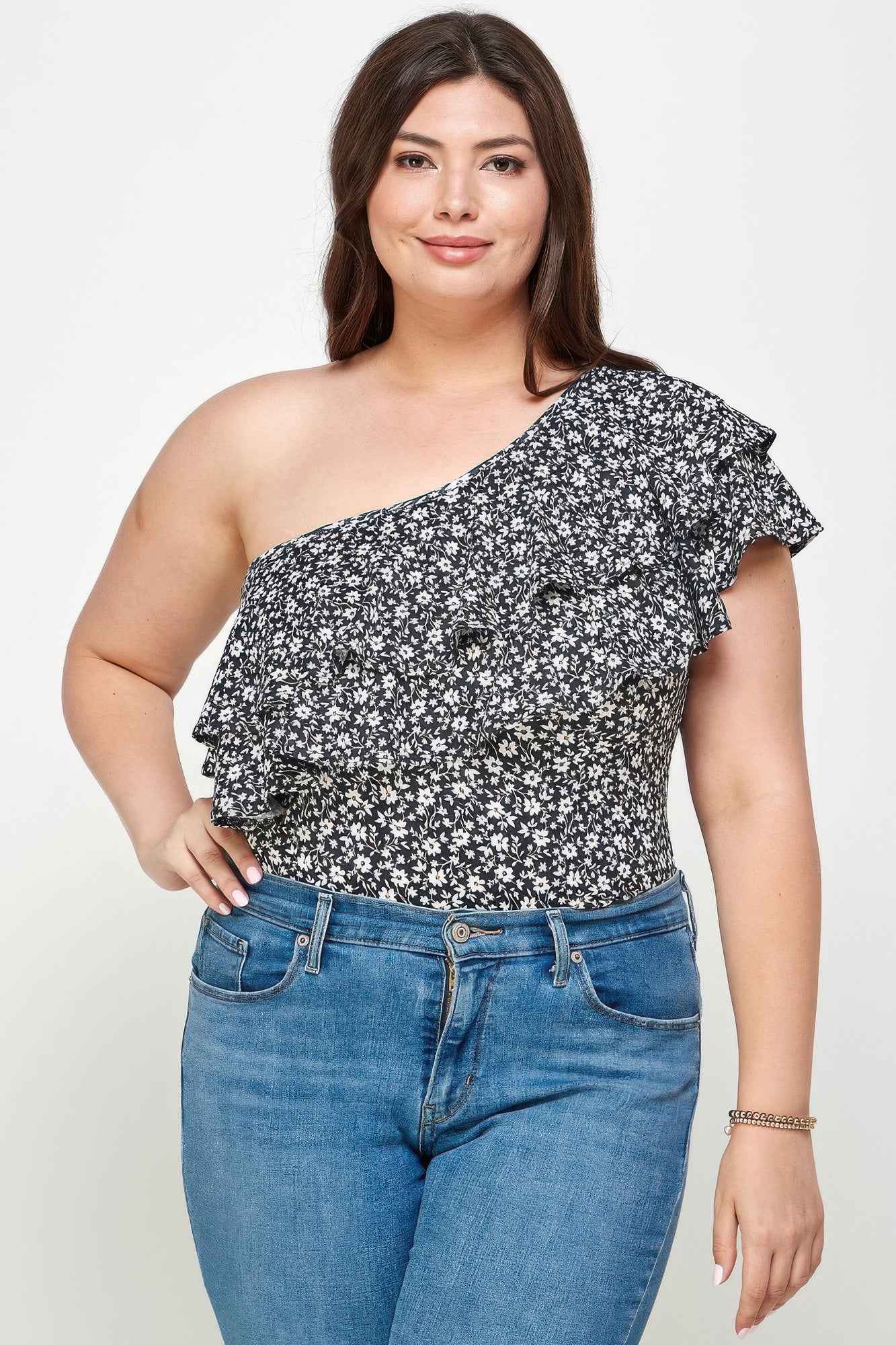 Ditsy Floral One Shoulder Bodysuit - Plus Size Top