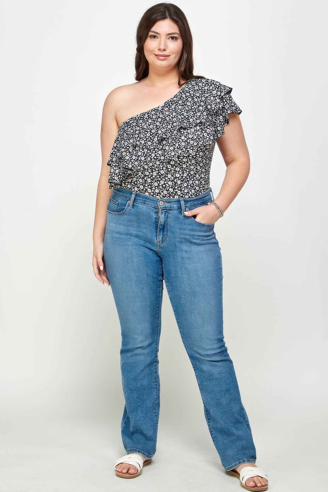 Ditsy Floral One Shoulder Bodysuit - Plus Size Top