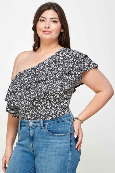 Ditsy Floral One Shoulder Bodysuit - Plus Size Top