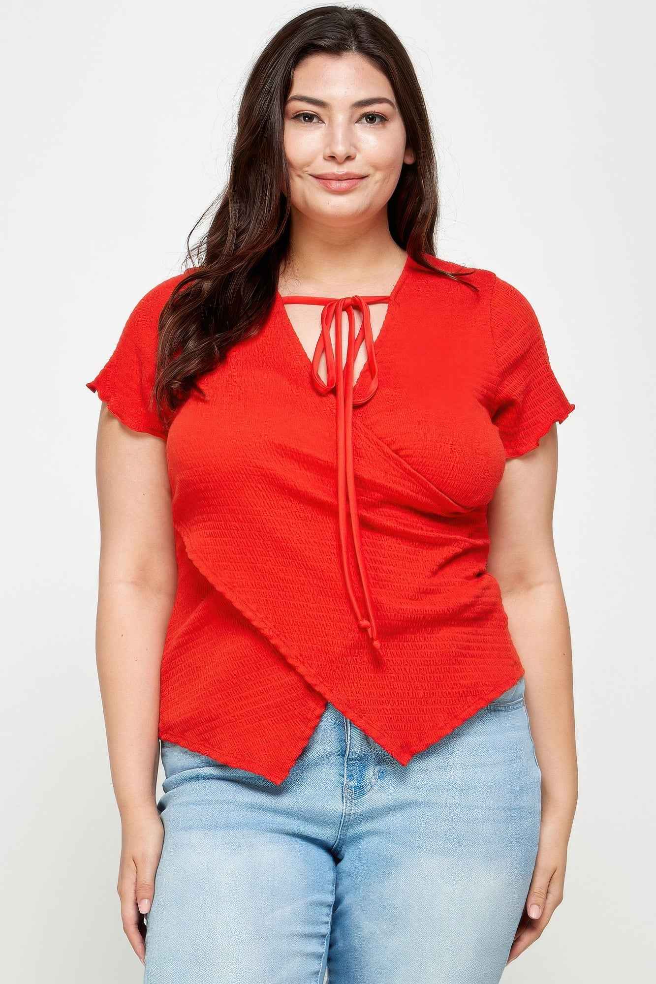 Textured Wrap Top With Tie Neck - Plus Size Blouse