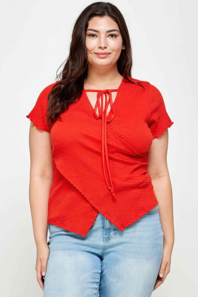 Textured Wrap Top With Tie Neck - Plus Size Blouse