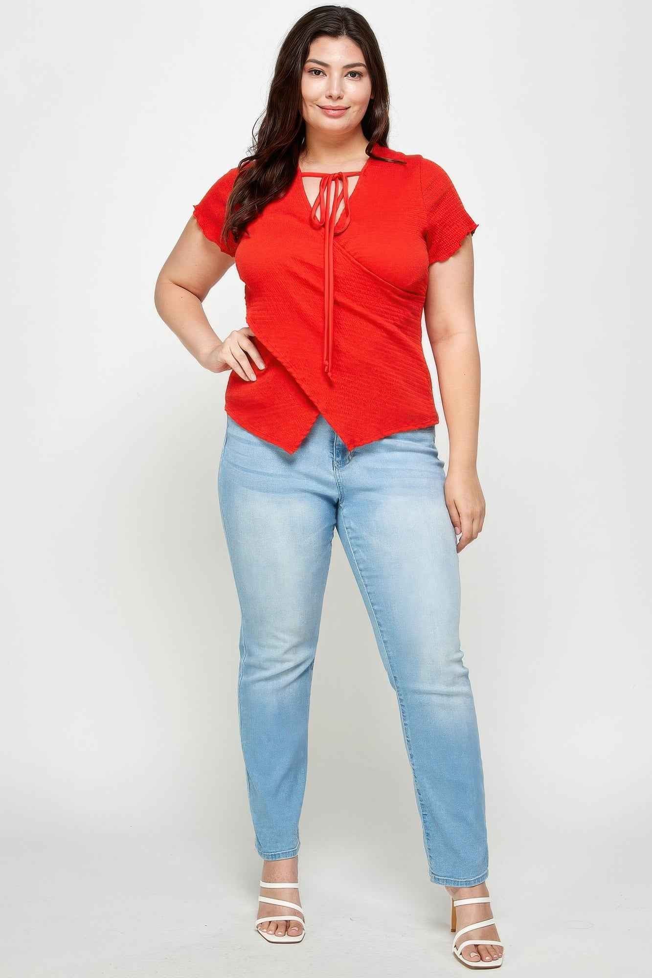 Textured Wrap Top With Tie Neck - Plus Size Blouse