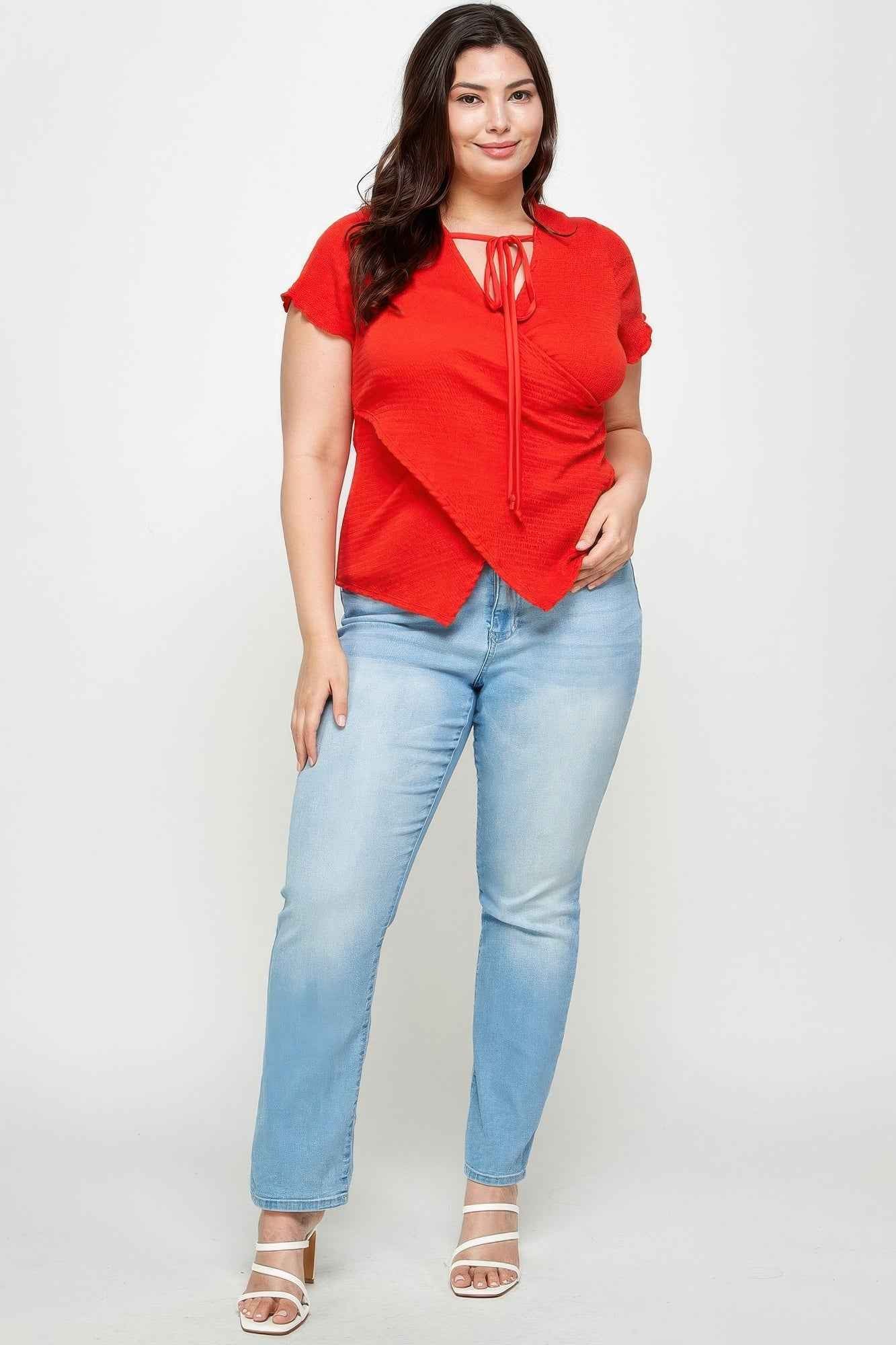 Textured Wrap Top With Tie Neck - Plus Size Blouse