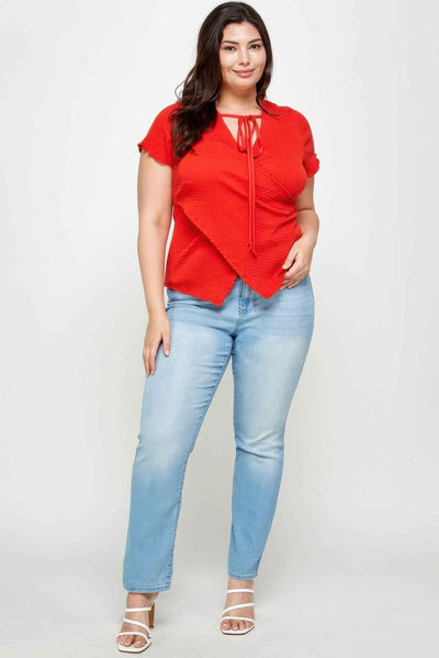 Textured Wrap Top With Tie Neck - Plus Size Blouse