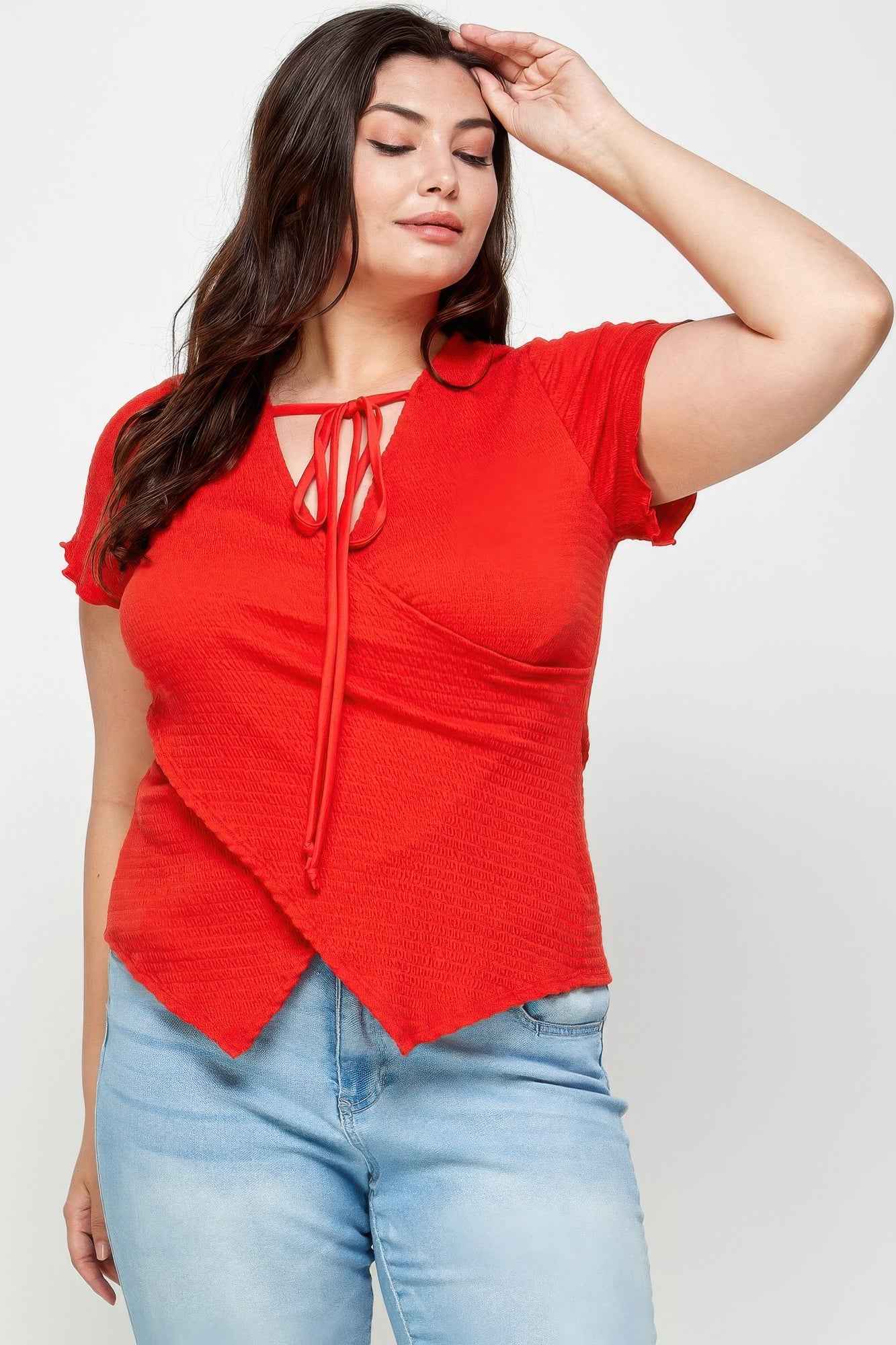 Textured Wrap Top With Tie Neck - Plus Size Blouse