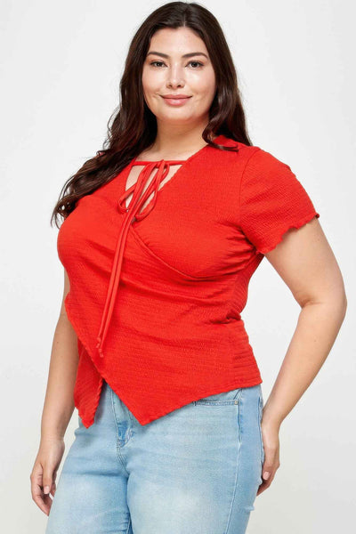 Textured Wrap Top With Tie Neck - Plus Size Blouse