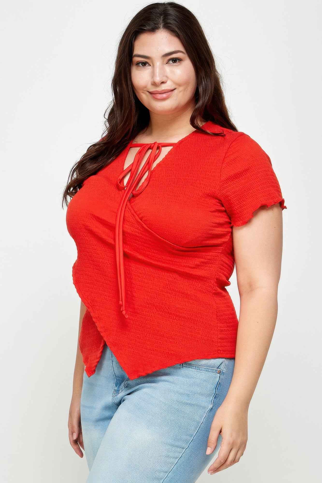 Textured Wrap Top With Tie Neck - Plus Size Blouse