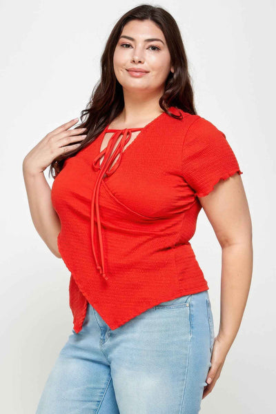 Textured Wrap Top With Tie Neck - Plus Size Blouse