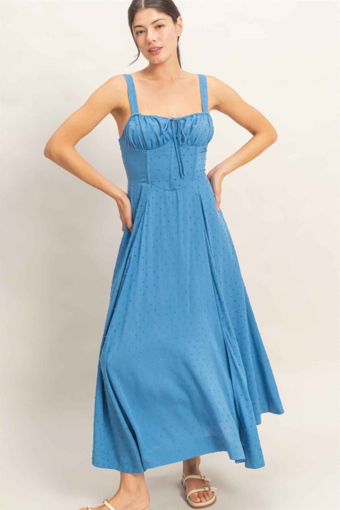 Boned Bodice Midi Dress - Spaghetti Strap Tie Back