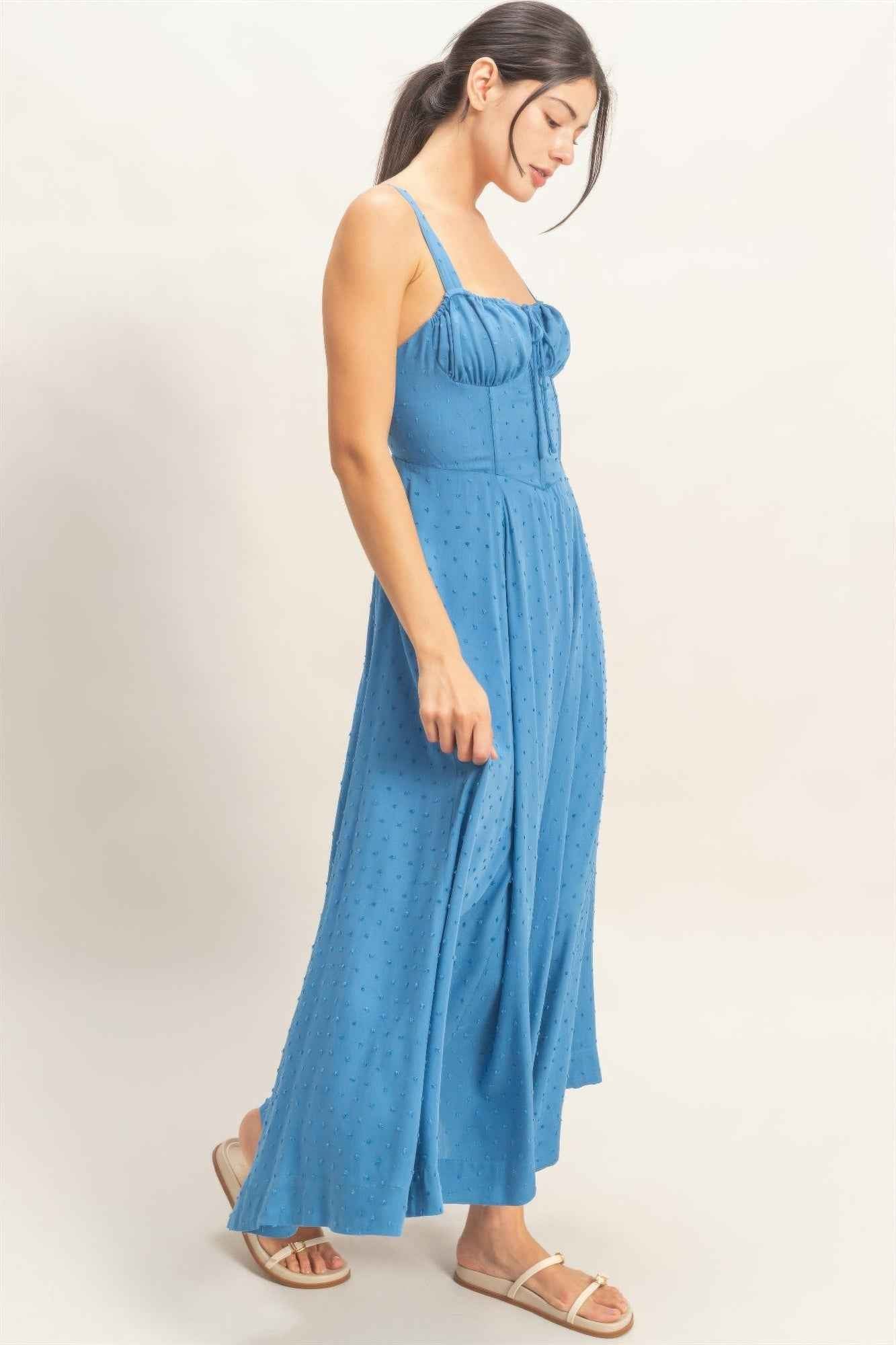 Boned Bodice Midi Dress - Spaghetti Strap Tie Back