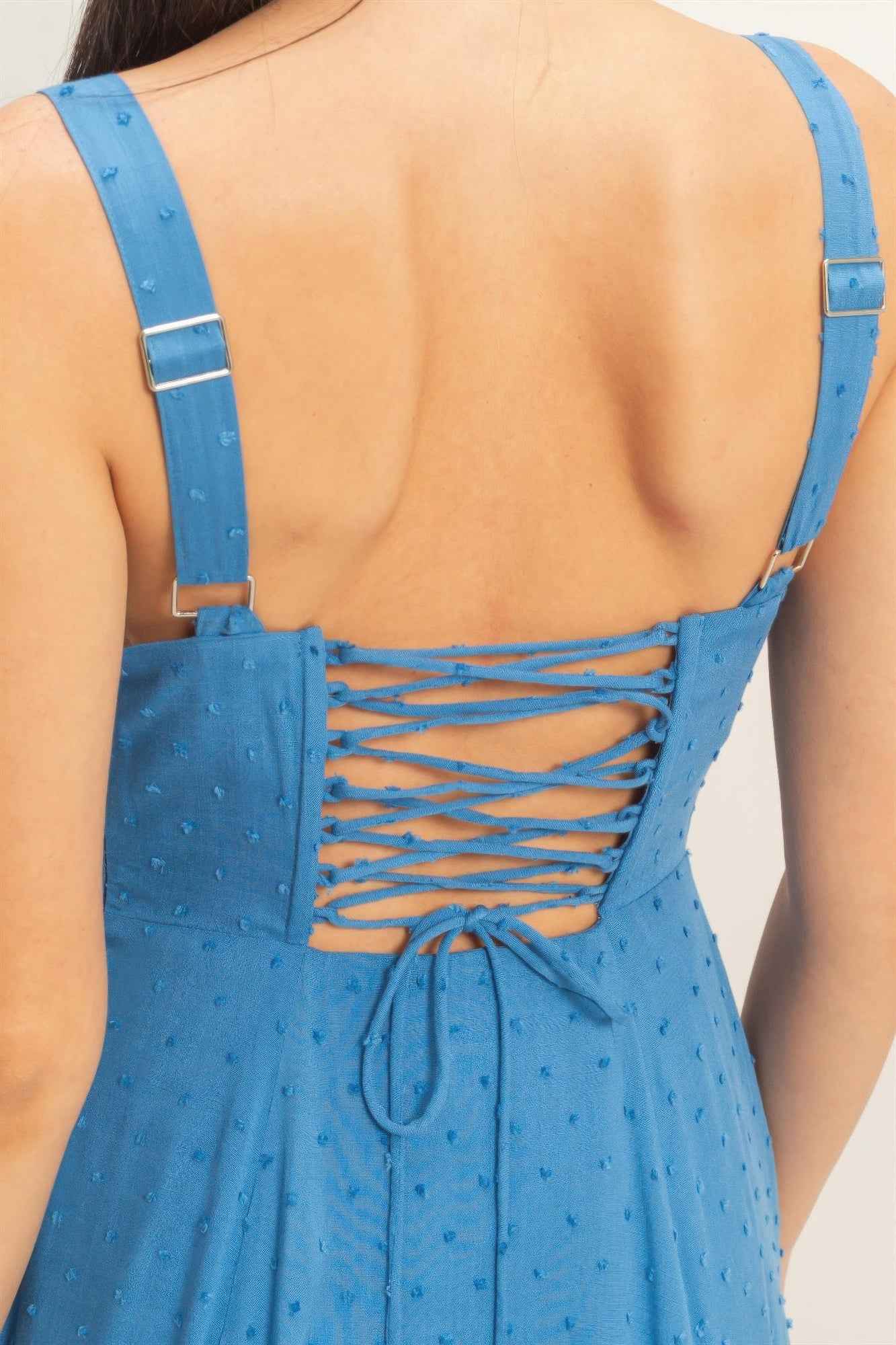 Boned Bodice Midi Dress - Spaghetti Strap Tie Back