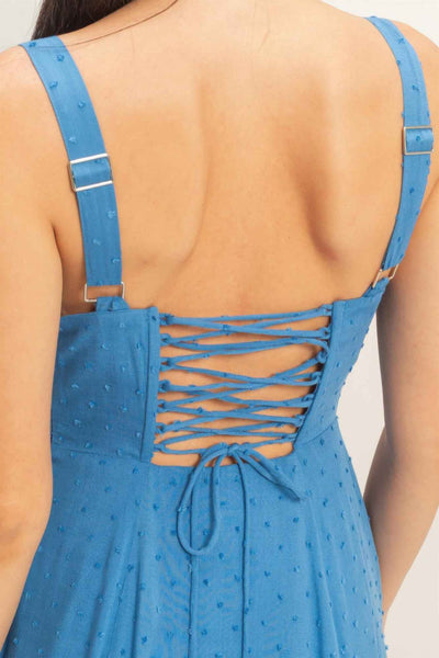 Boned Bodice Midi Dress - Spaghetti Strap Tie Back