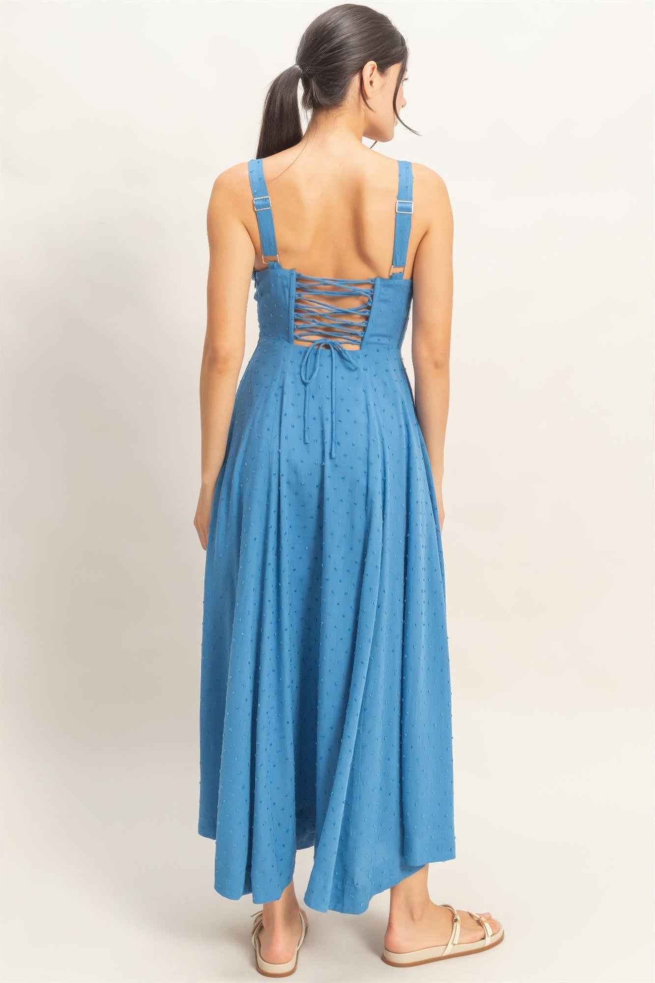 Boned Bodice Midi Dress - Spaghetti Strap Tie Back