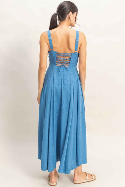 Boned Bodice Midi Dress - Spaghetti Strap Tie Back