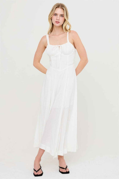 Boned Bodice Midi Dress - Spaghetti Strap Tie Back