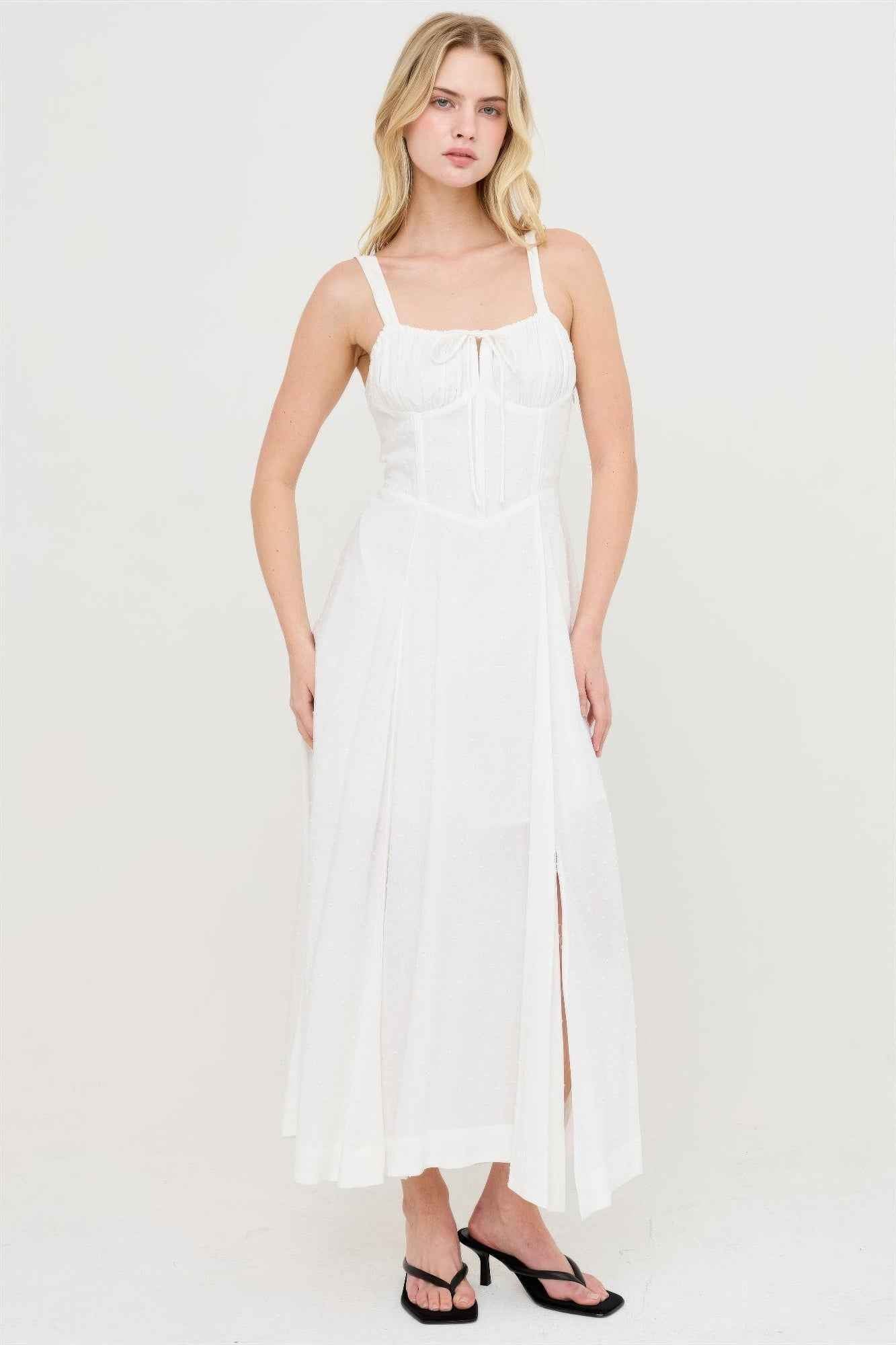 Boned Bodice Midi Dress - Spaghetti Strap Tie Back
