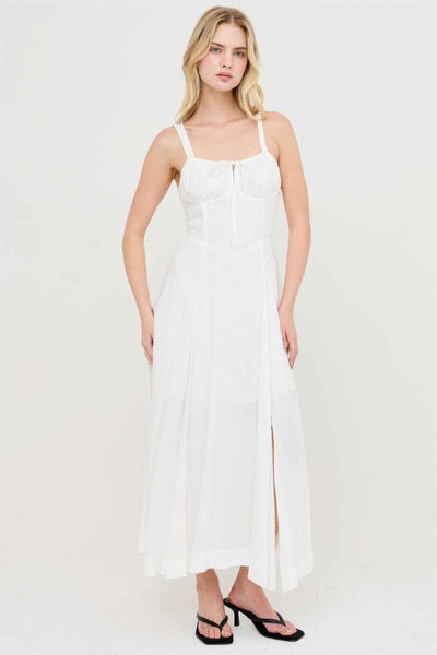 Boned Bodice Midi Dress - Spaghetti Strap Tie Back