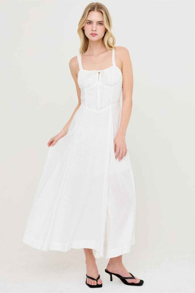 Boned Bodice Midi Dress - Spaghetti Strap Tie Back