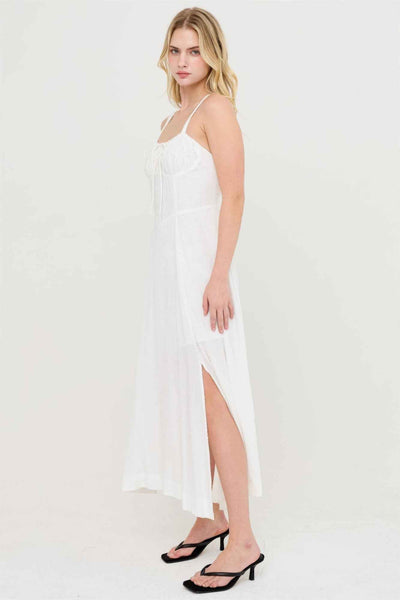Boned Bodice Midi Dress - Spaghetti Strap Tie Back