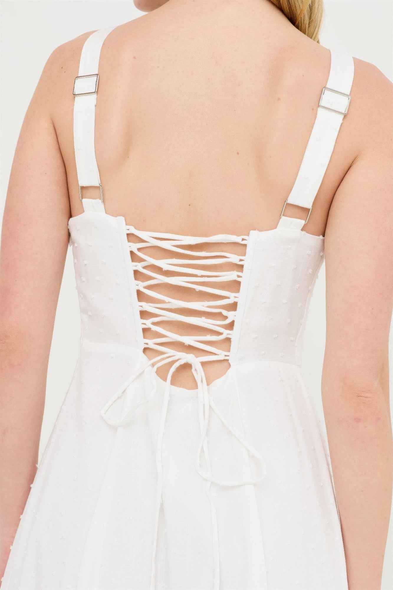 Boned Bodice Midi Dress - Spaghetti Strap Tie Back