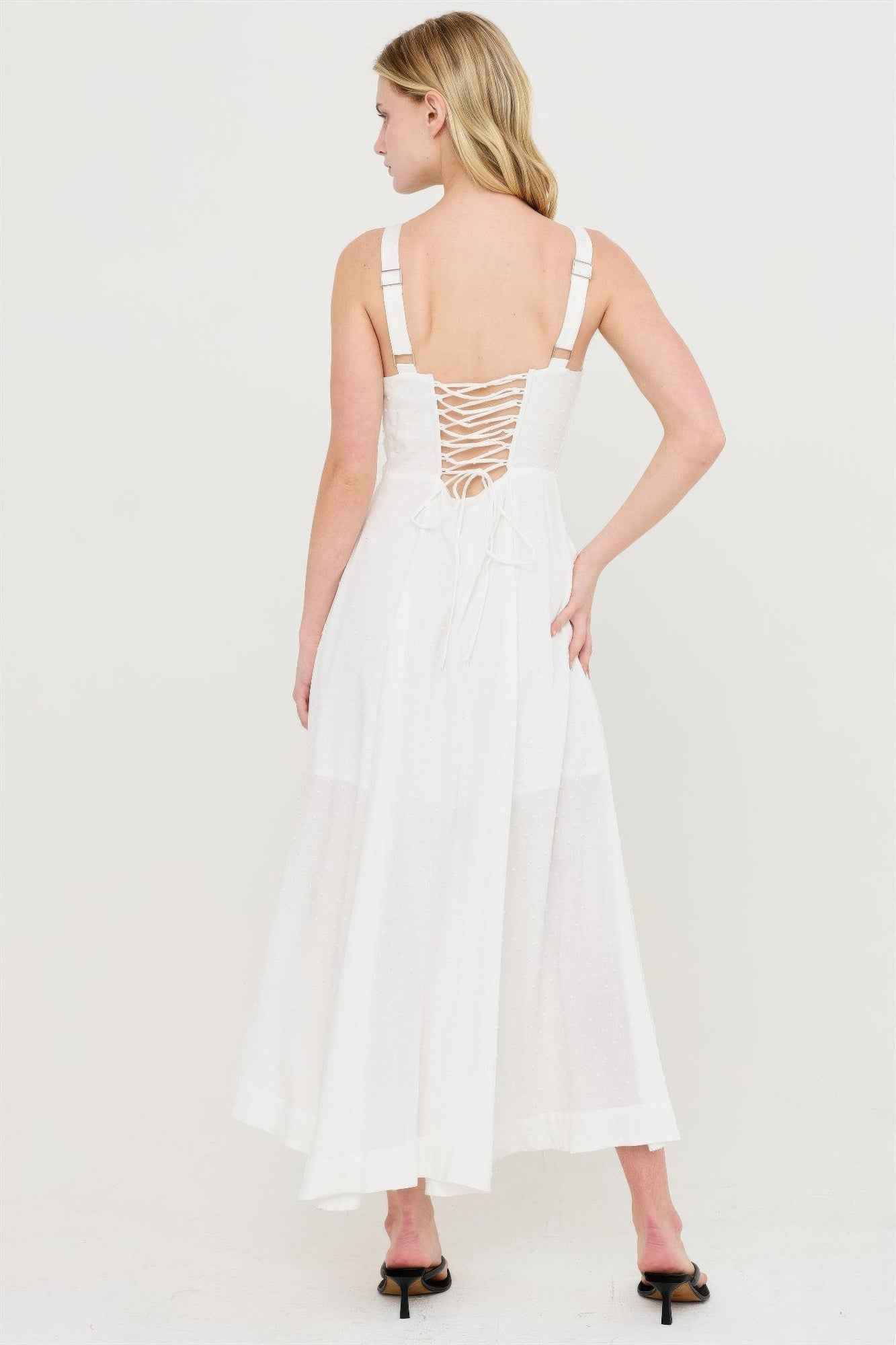 Boned Bodice Midi Dress - Spaghetti Strap Tie Back