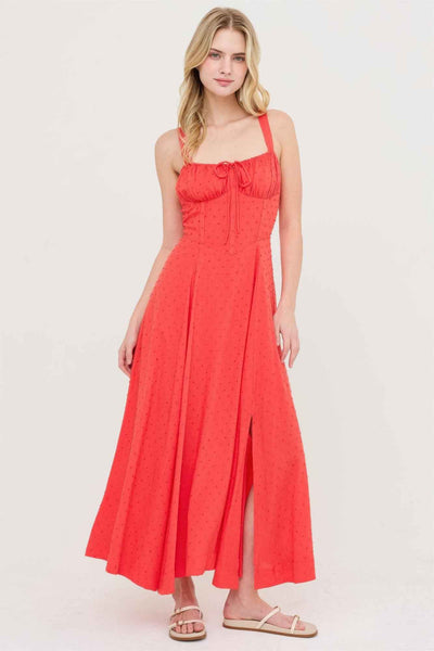 Boned Bodice Midi Dress - Spaghetti Strap Tie Back