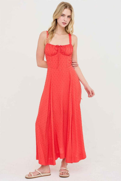 Boned Bodice Midi Dress - Spaghetti Strap Tie Back