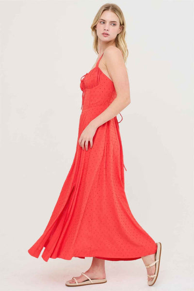 Boned Bodice Midi Dress - Spaghetti Strap Tie Back