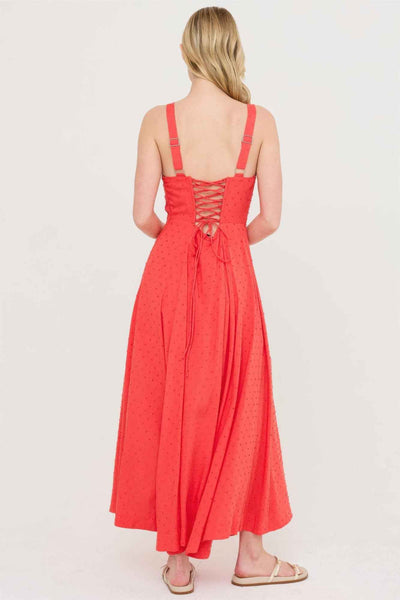 Boned Bodice Midi Dress - Spaghetti Strap Tie Back