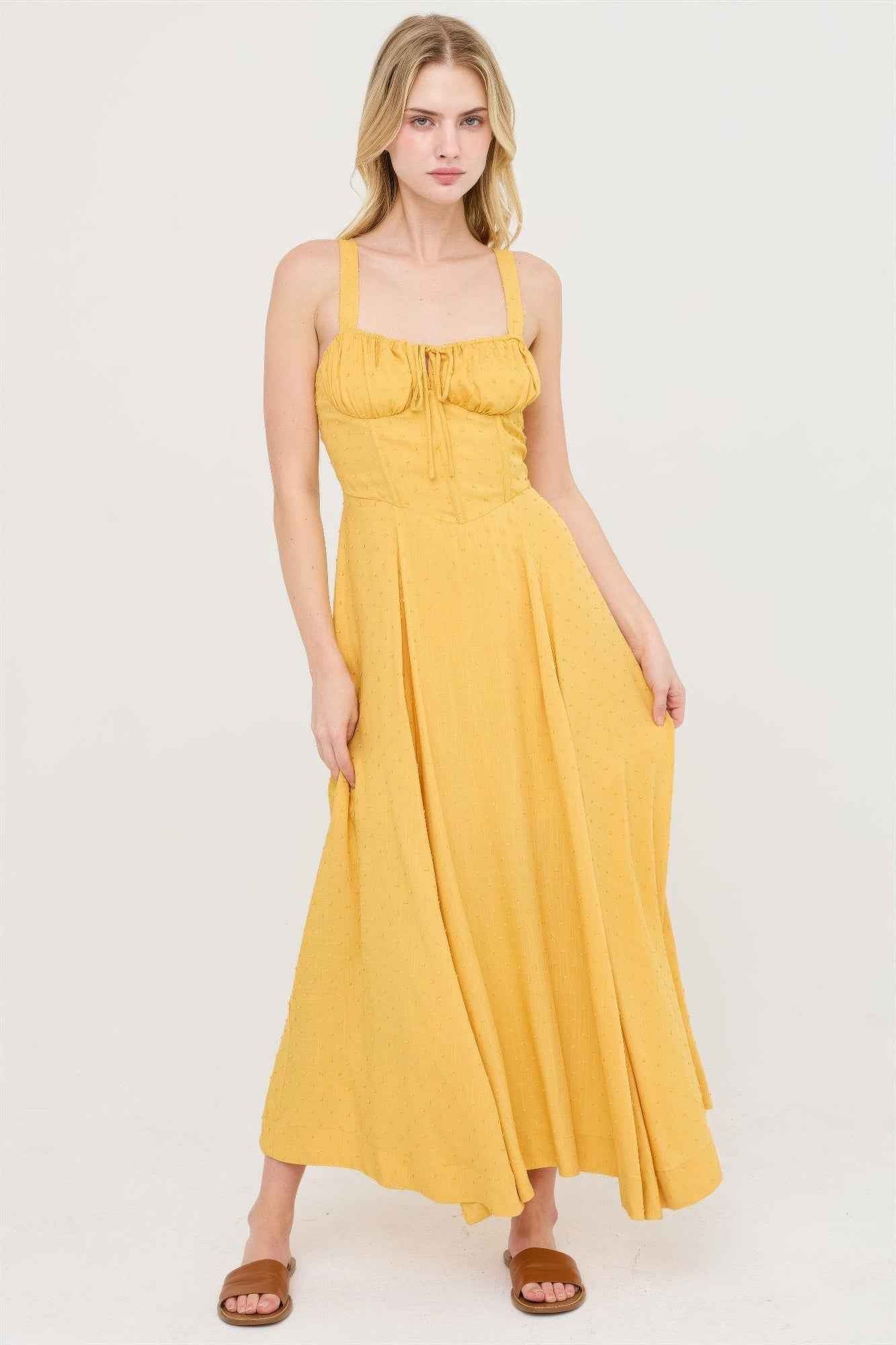 Boned Bodice Midi Dress - Spaghetti Strap Tie Back