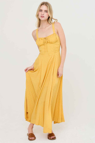 Boned Bodice Midi Dress - Spaghetti Strap Tie Back