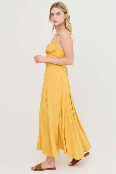 Boned Bodice Midi Dress - Spaghetti Strap Tie Back