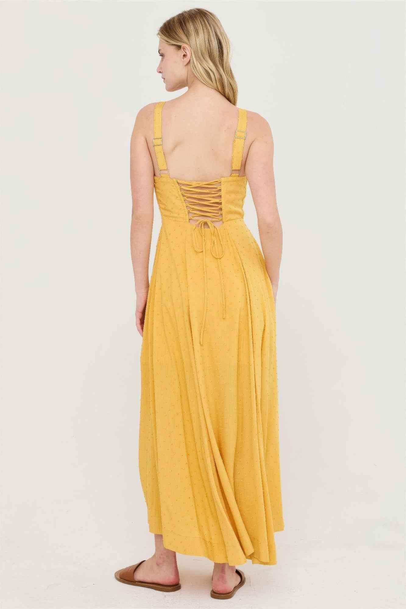 Boned Bodice Midi Dress - Spaghetti Strap Tie Back